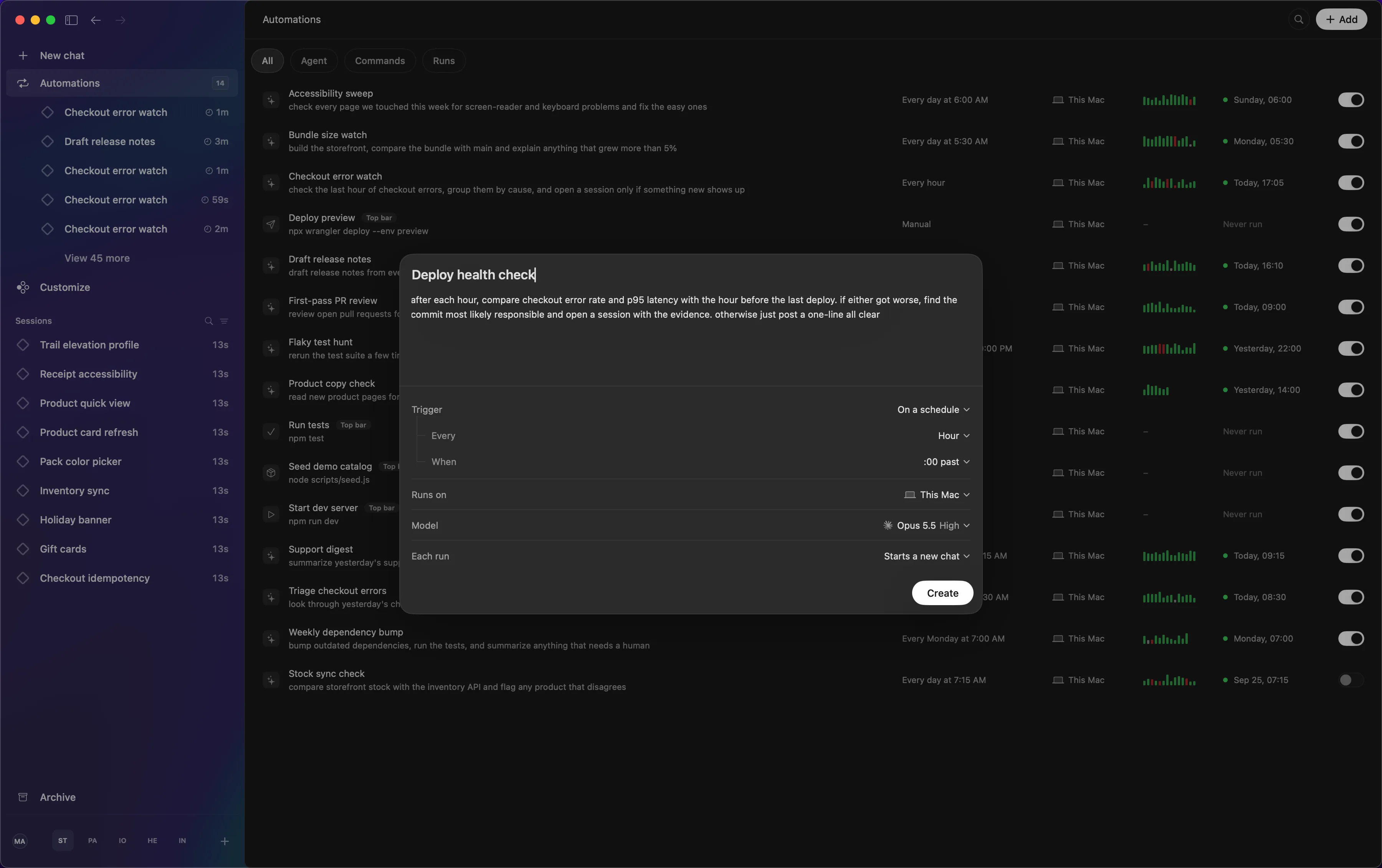 The new agent automation dialog: a prompt, an hourly schedule, This Mac as the place it runs, the model, and each run starting a new chat