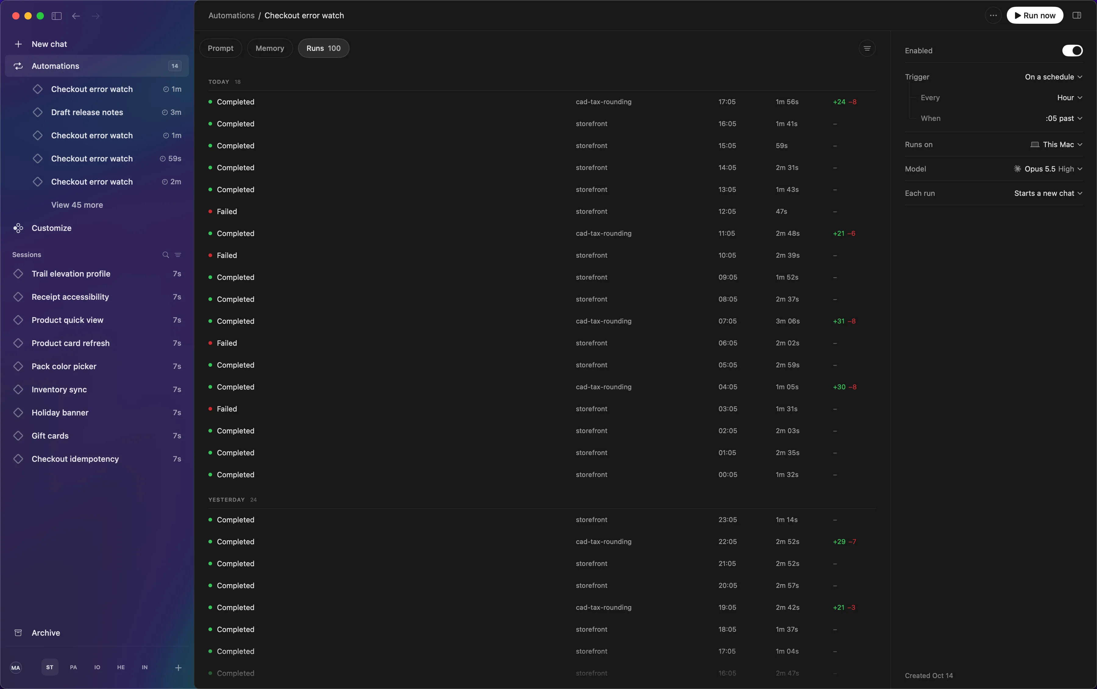 An hourly automation's runs: completed and failed hours, where each ran, its duration and the changes it made