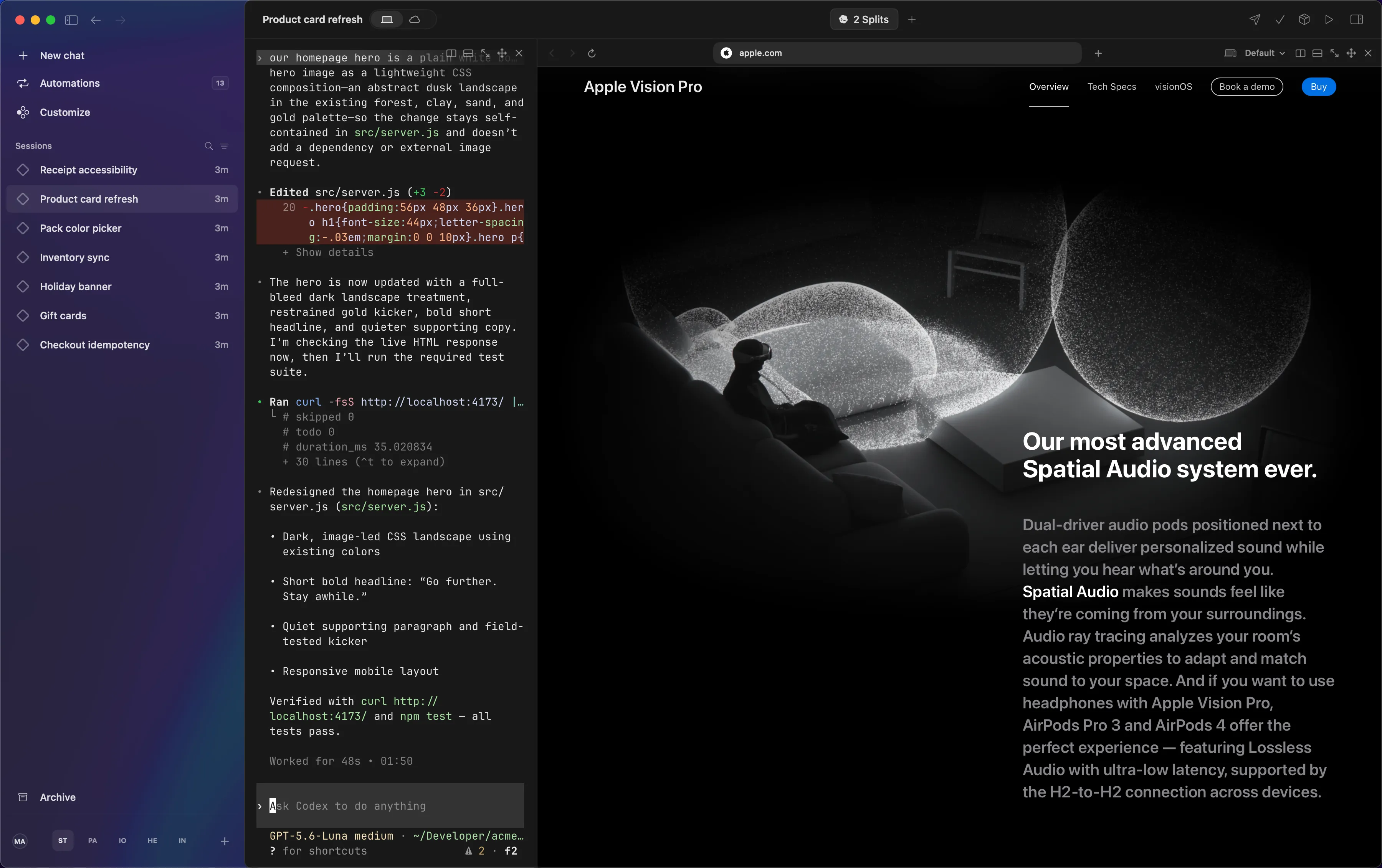 Codex redoing the Acme homepage hero, with a reference page open in a browser pane beside it