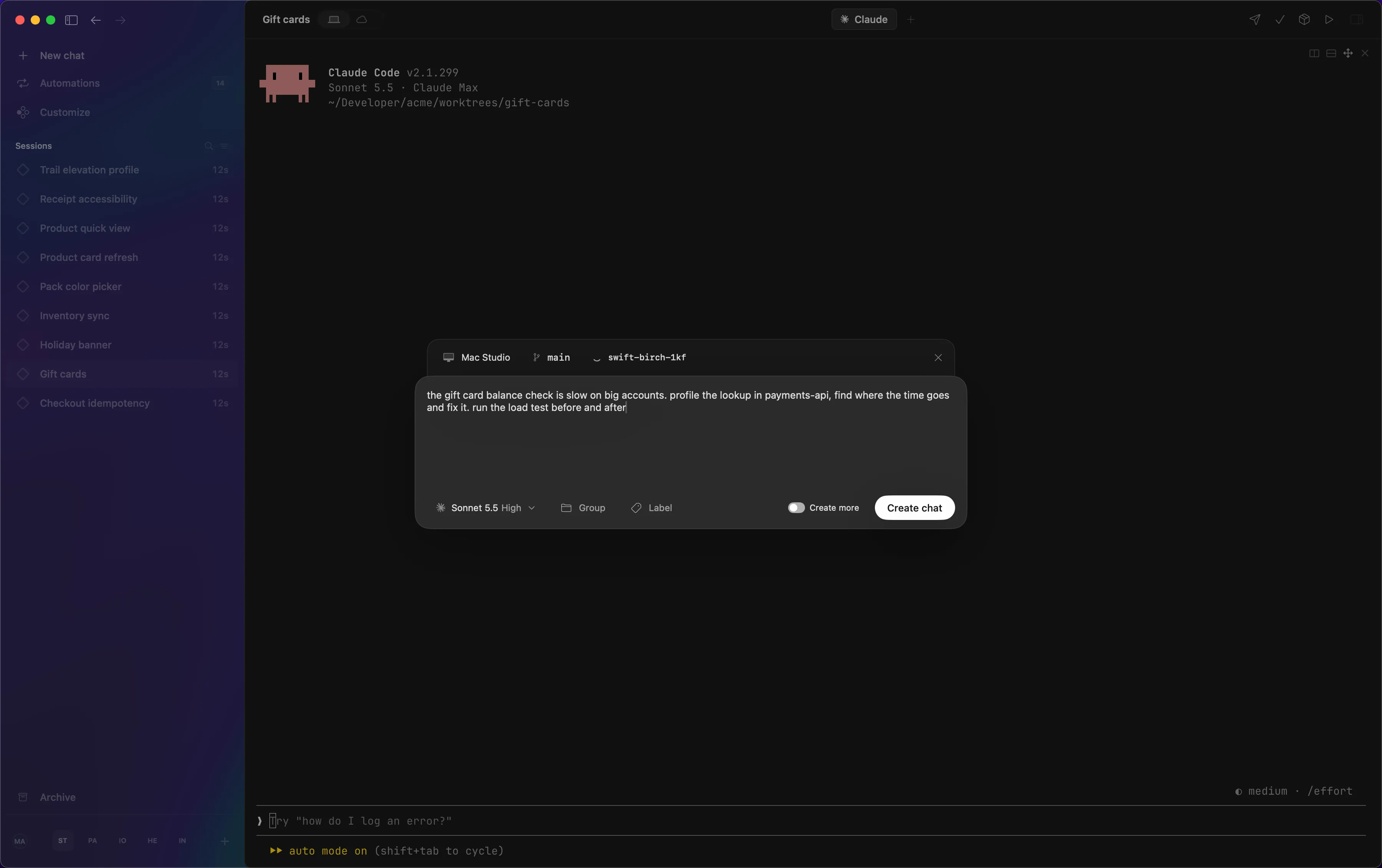 The New chat composer with a prompt typed and the chat set to run on a Mac Studio