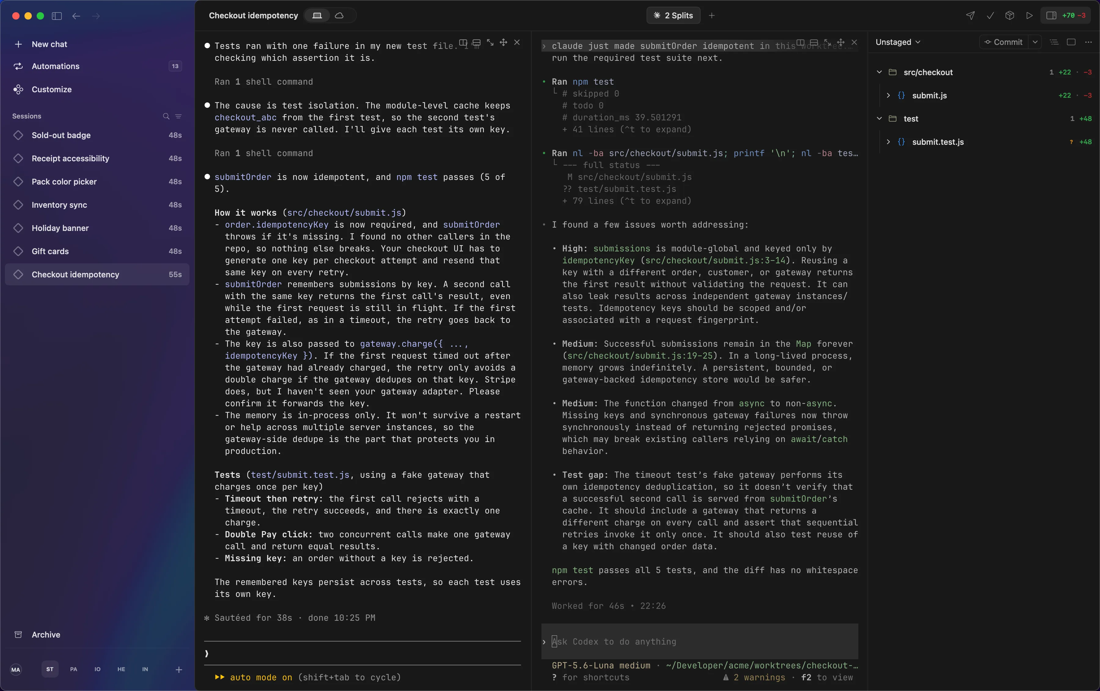 Claude Code fixing a double-charge bug while Codex reviews its change, side by side in one Neroli session