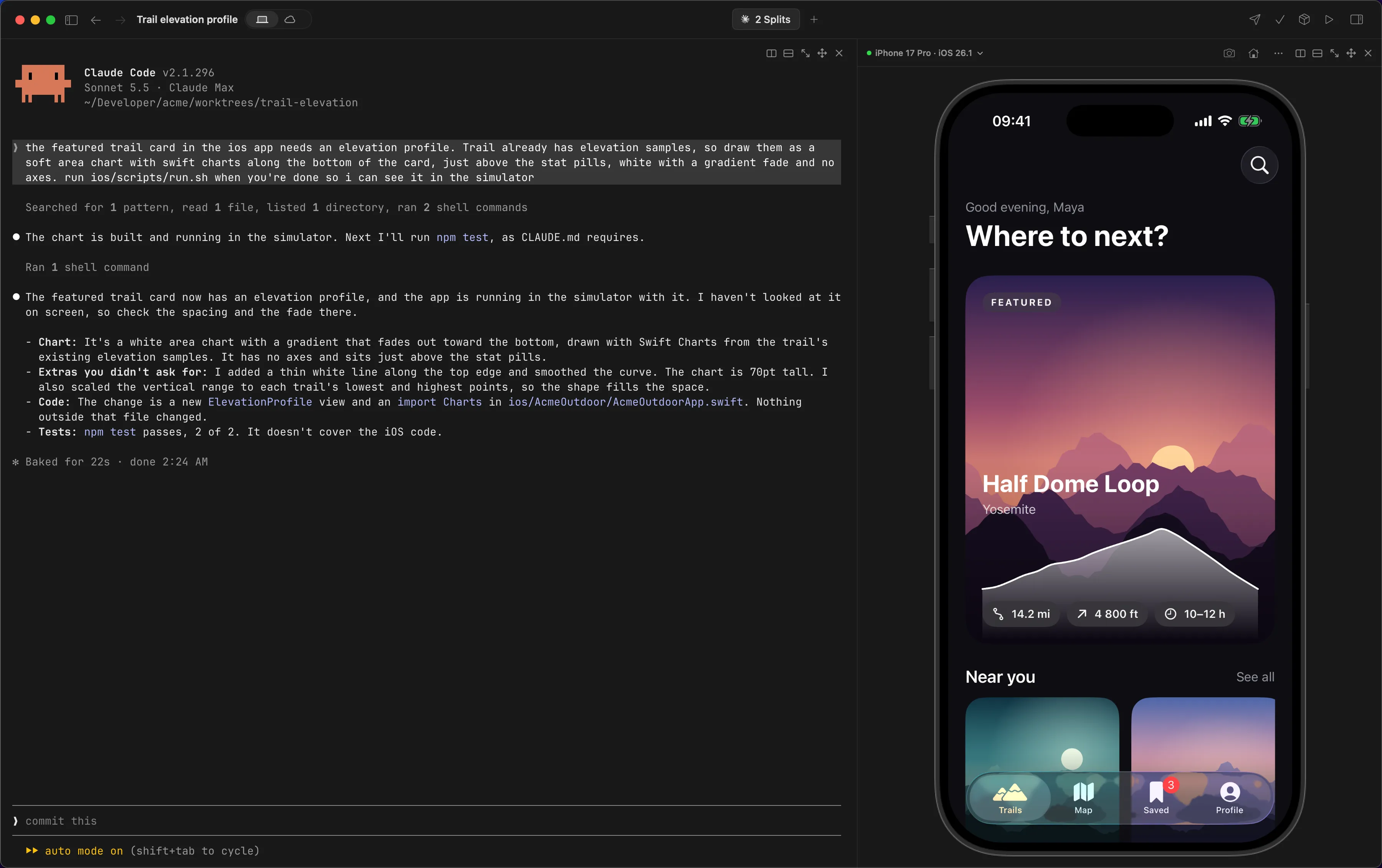 Claude Code adding an elevation chart to the Acme trails app, running in a simulator pane beside it
