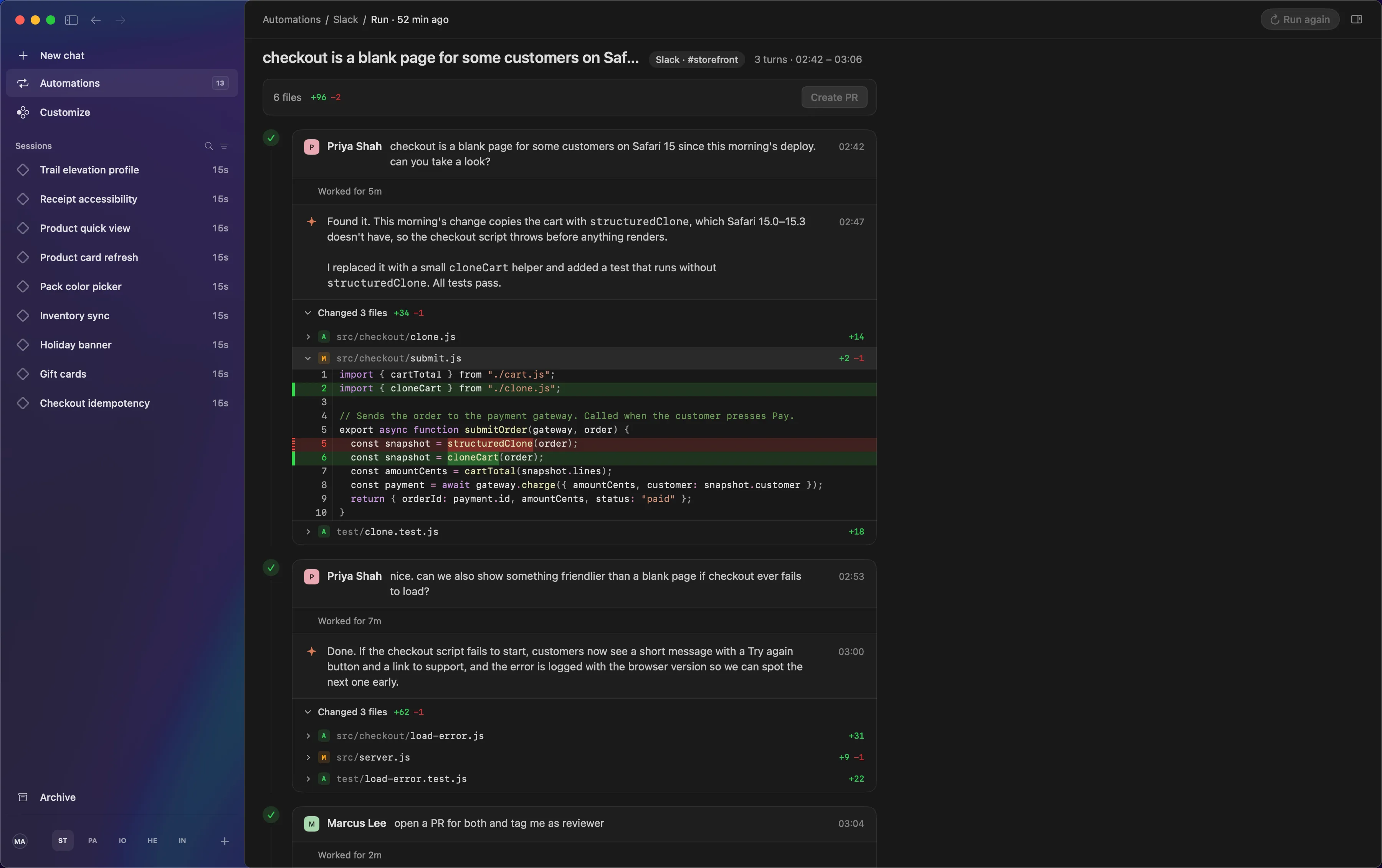 A Slack thread from #storefront in Neroli: three requests, the agent's replies and the files each turn changed, with one diff open