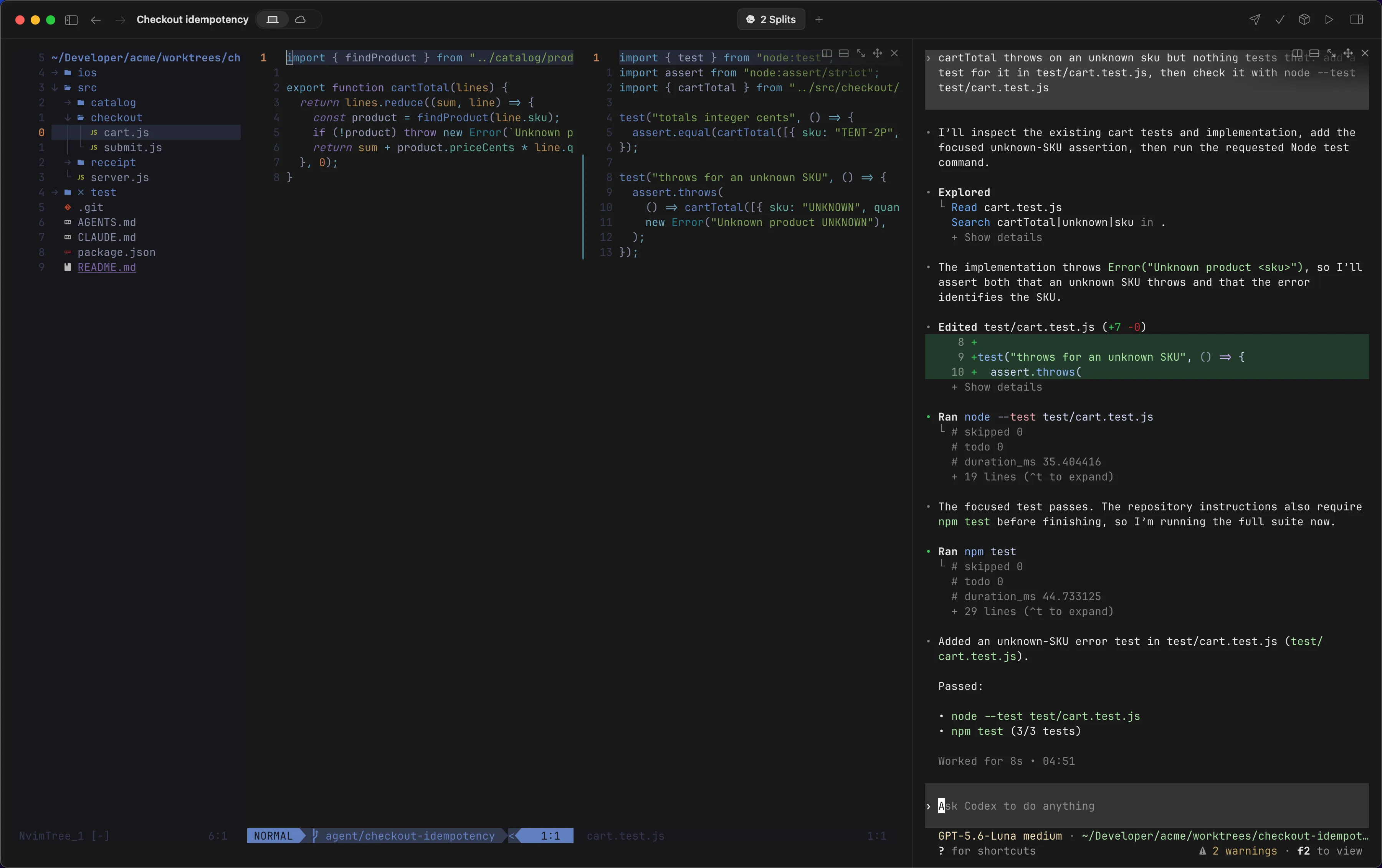 Neovim with a file tree and two files open, beside a Codex session that just added a test